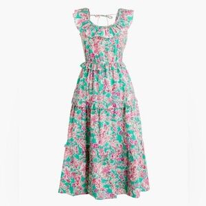 ​J. Crew Ruffle Tiered Midi Dress Floral Cotton Dobby Teal Pink Size 8 Boho NWOT